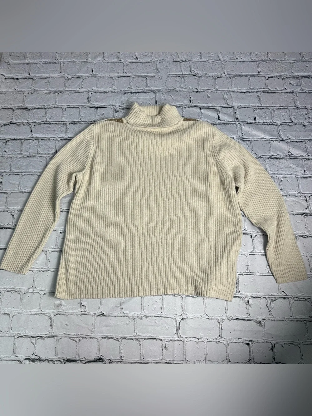 Vtg Y2K Villager Liz Claiborne Cream Brown Crochet Patchwork Turtleneck Sweater
